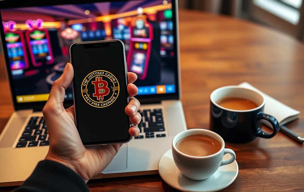 Person som skanner QR-kode for Bitcoin-innskudd på et nettcasino, med laptop synlig i bakgrunnen.