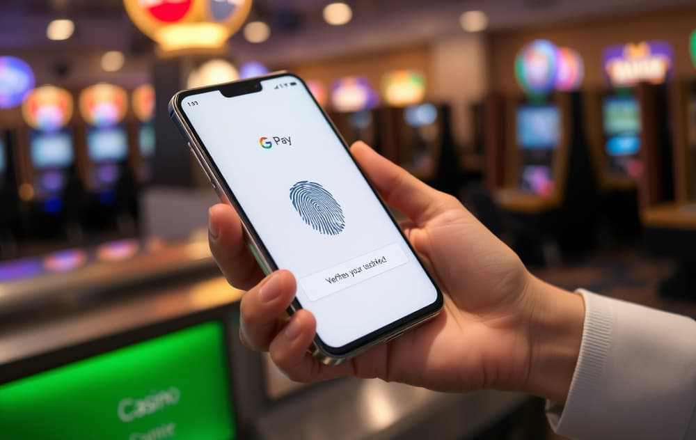 Person som bruker Google Pay på Android-telefon for casino-innskudd