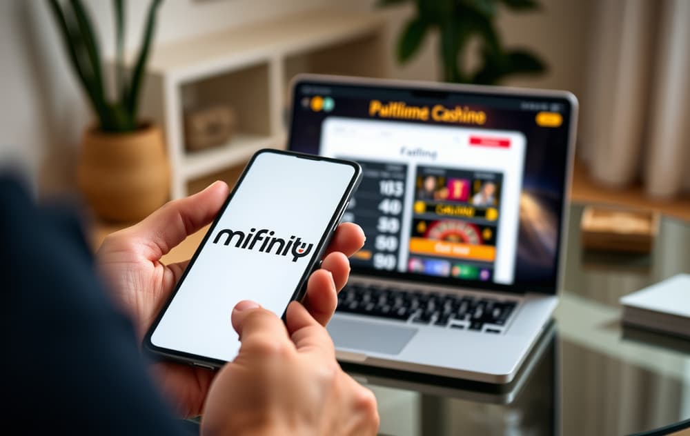 Mann som holder mobil med MiFinity-logo ved siden av laptop med casino-innskuddsskjerm