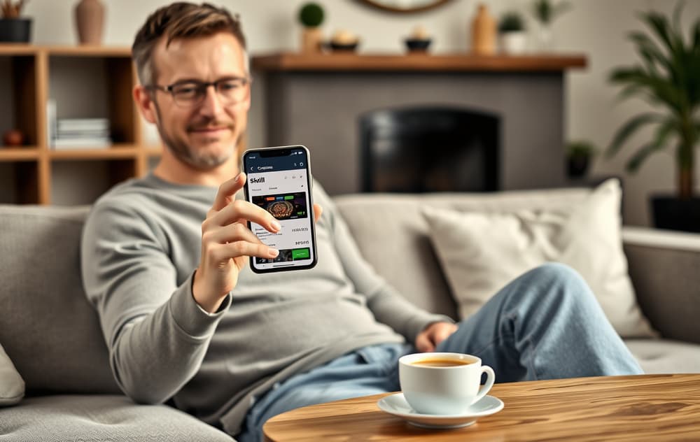 En person som bruker Skrill-appen på mobilen for å sette inn penger på et nettcasino