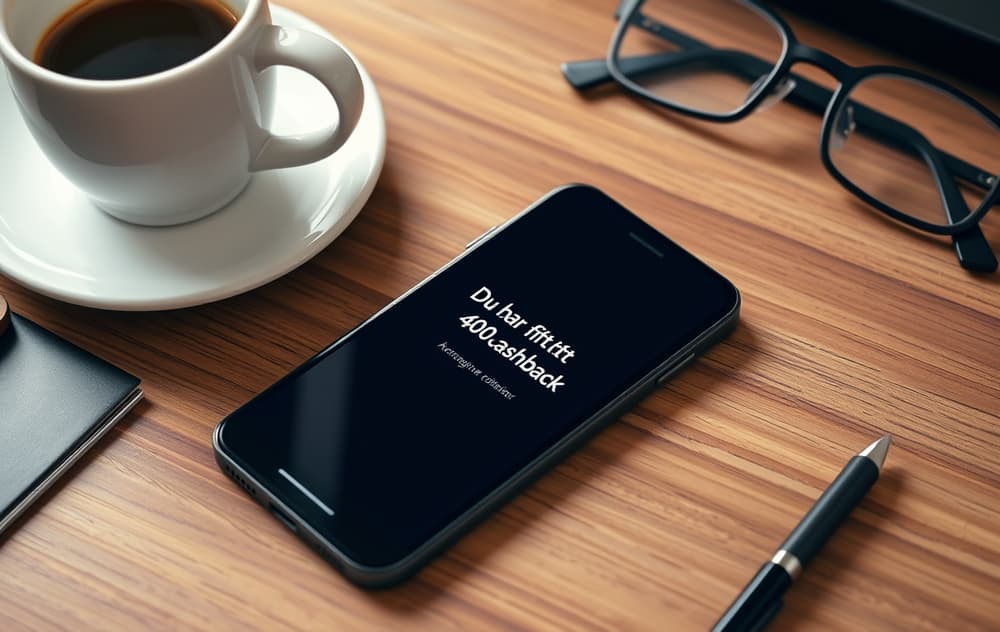 Smarttelefon med cashback-varsel fra et norsk nettcasino, liggende på et trebord med kaffekopp og briller.
