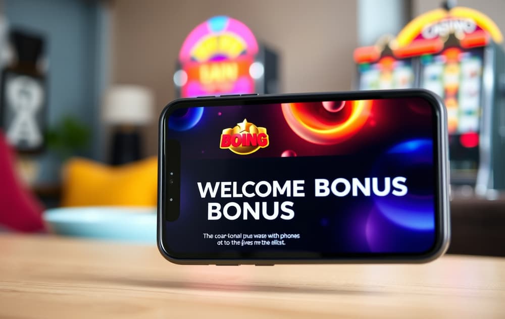Mobiltelefon med casino bonus-tilbud og spilleautomater i bakgrunnen.