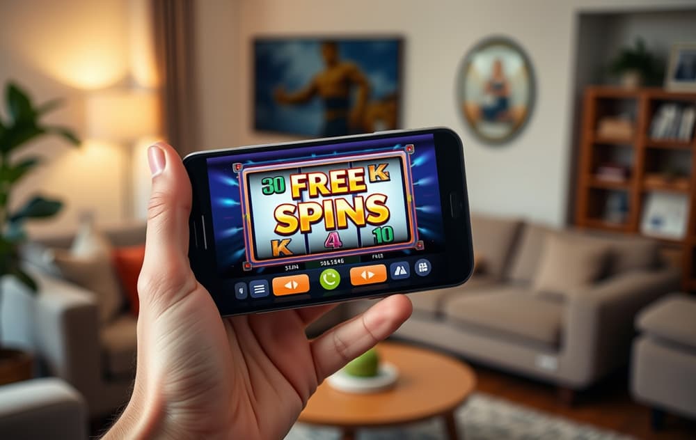En hånd som holder en mobiltelefon med en spilleautomat på skjermen og en freespins-bonus-pop-up.