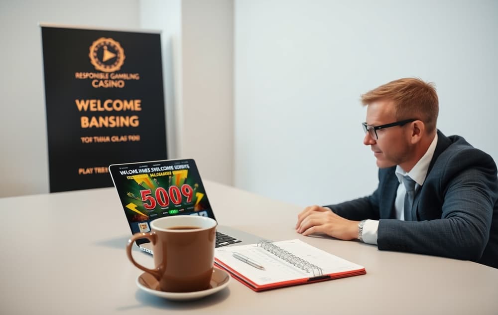 En norsk spiller som analyserer en velkomstbonus på en laptop, med notater og kalkulator på bordet.