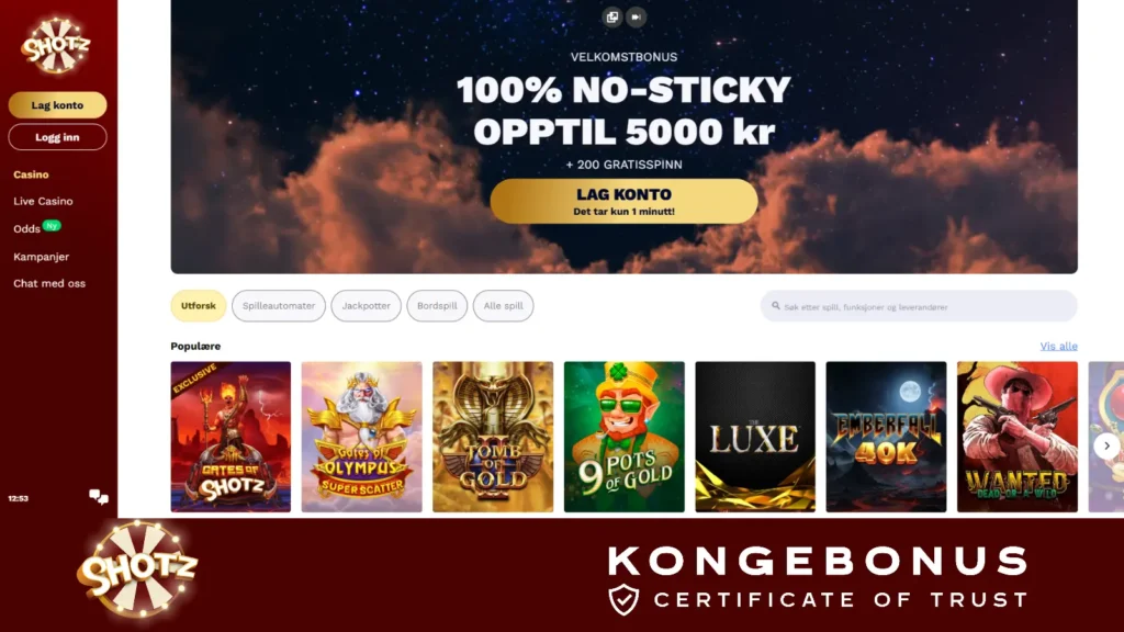Shotz Omtale 2026 – skjermbilde fra nettsiden