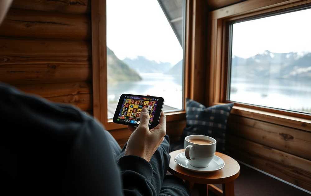 Person med mobil og kaffekopp i norsk hytte foran fjord – illustrasjon til norske slots