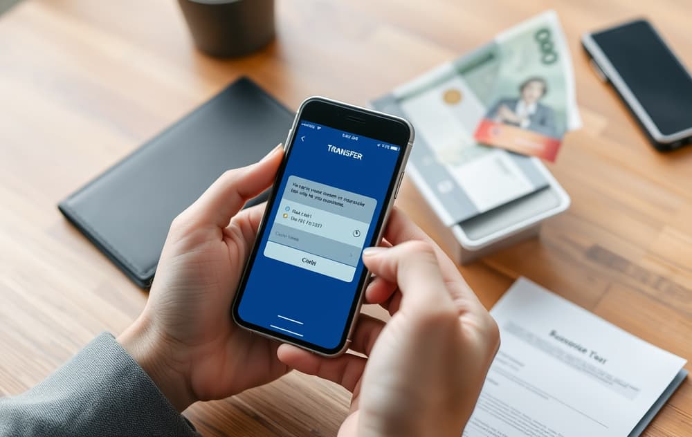 Person med telefon og sedler, illustrerer raskt uttak