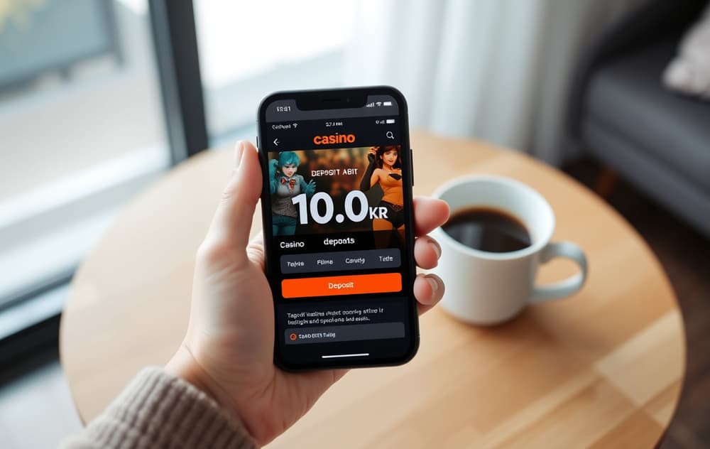 Smarttelefon med casino innskuddsside som viser minimum 10 kroner.