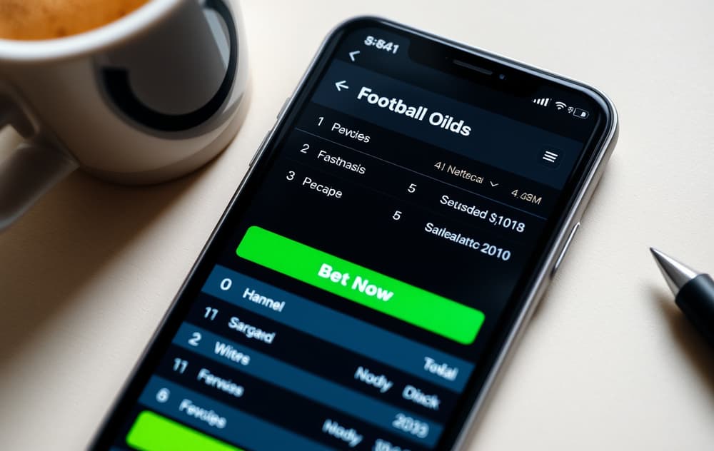 Mobilskjerm med fotballodds og en kopp kaffe