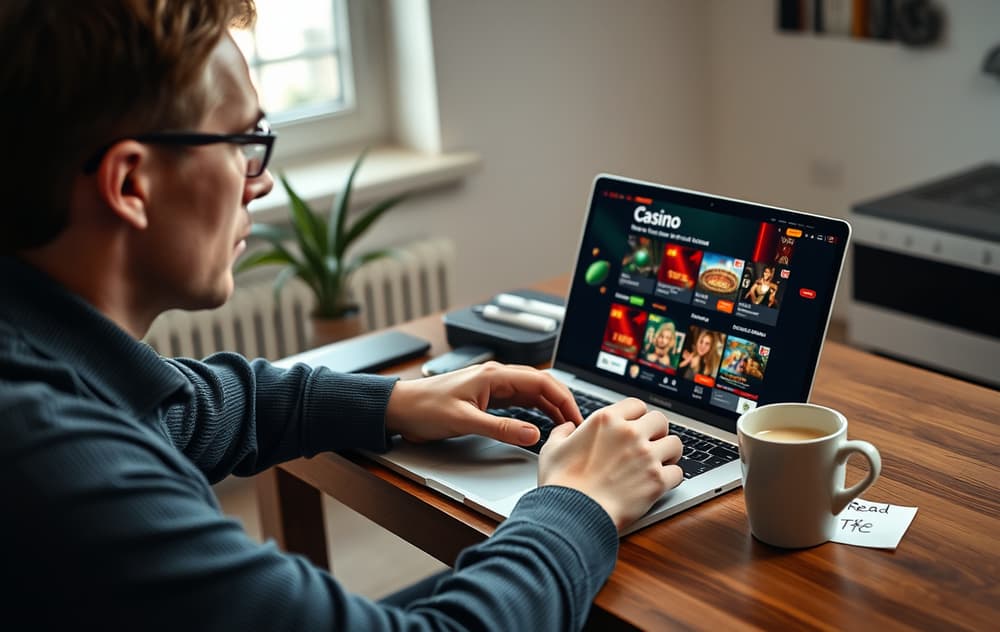 En person som sitter skeptisk og studerer et casino på en laptop, med kaffekopp og notatblokk.