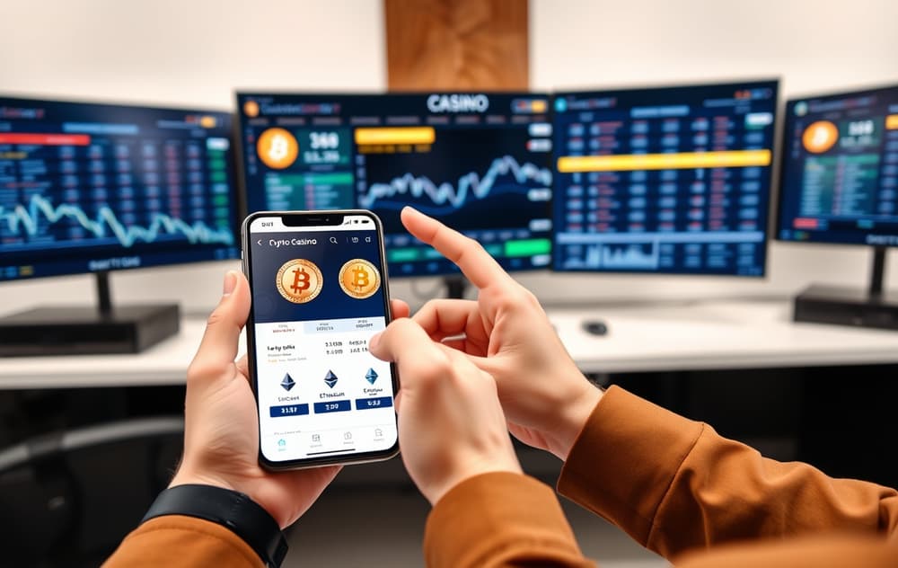 Person med smarttelefon som viser kryptocasino med Bitcoin- og Ethereum-symboler, og blockchain-data på skjermen bak.
