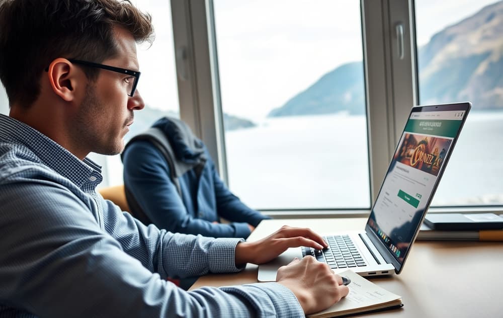 En person sitter ved et skrivebord og studerer et casino-nettside kritisk, med utsikt til en norsk fjord utenfor vinduet.