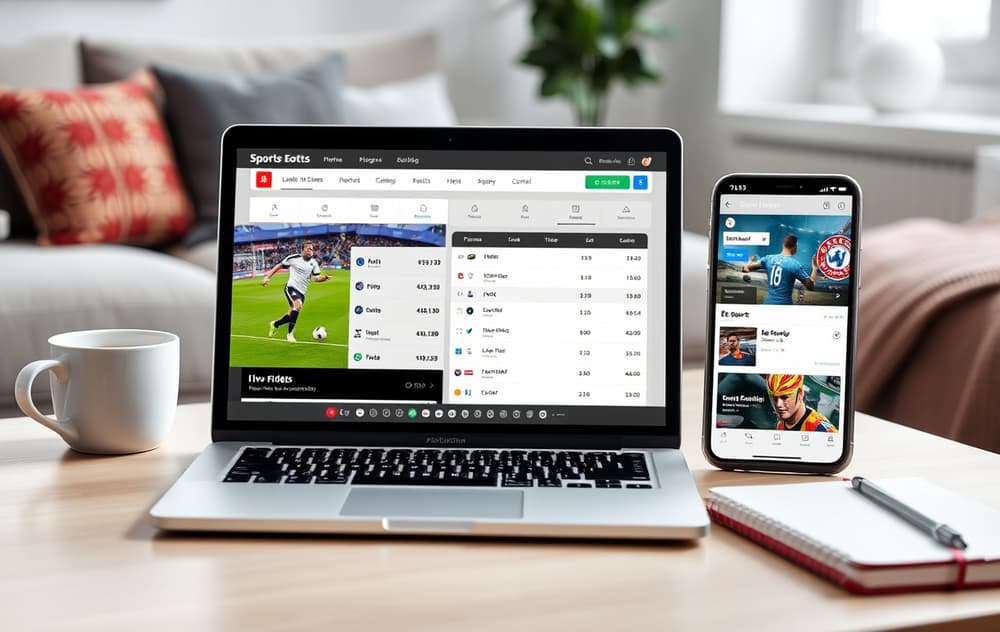 Moderne bettinggrensesnitt på laptop og mobil med fotballodds og e-sport, norsk hjemmemiljø