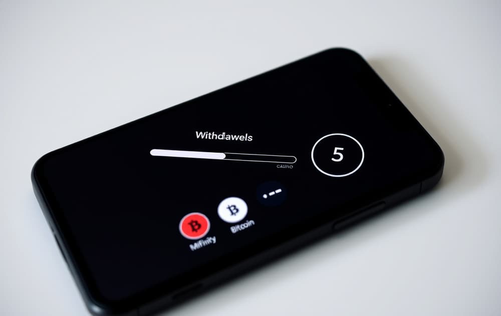 Smarttelefon som viser uttaksbekreftelse med progresjonslinje og digitale lommebokikoner, klokke viser 5 minutter.