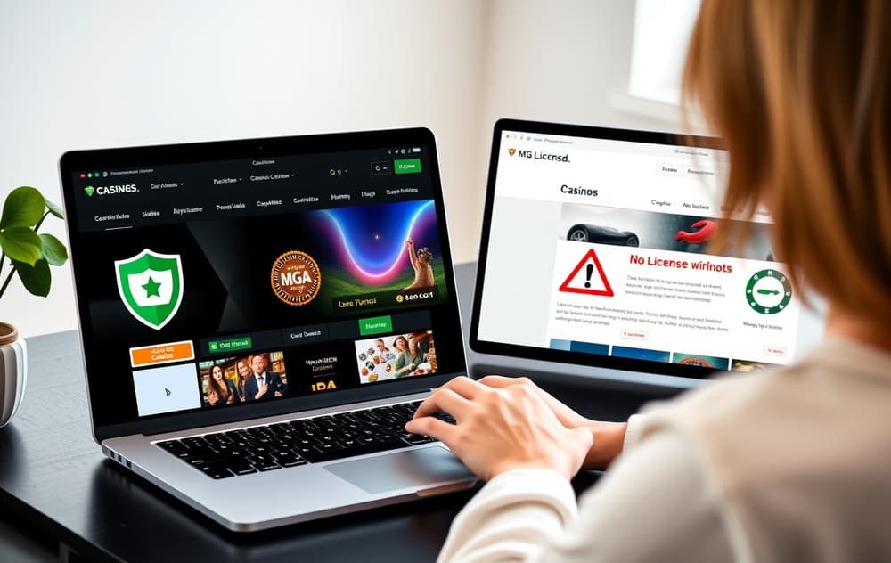 Person som sammenligner to casinonettsider på to skjermer – en trygg med MGA-lisens og en utrygg.