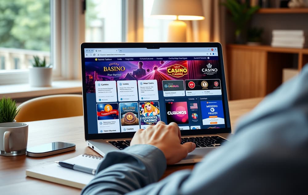 Person som sammenligner utenlandske casino på laptop med notatblokk
