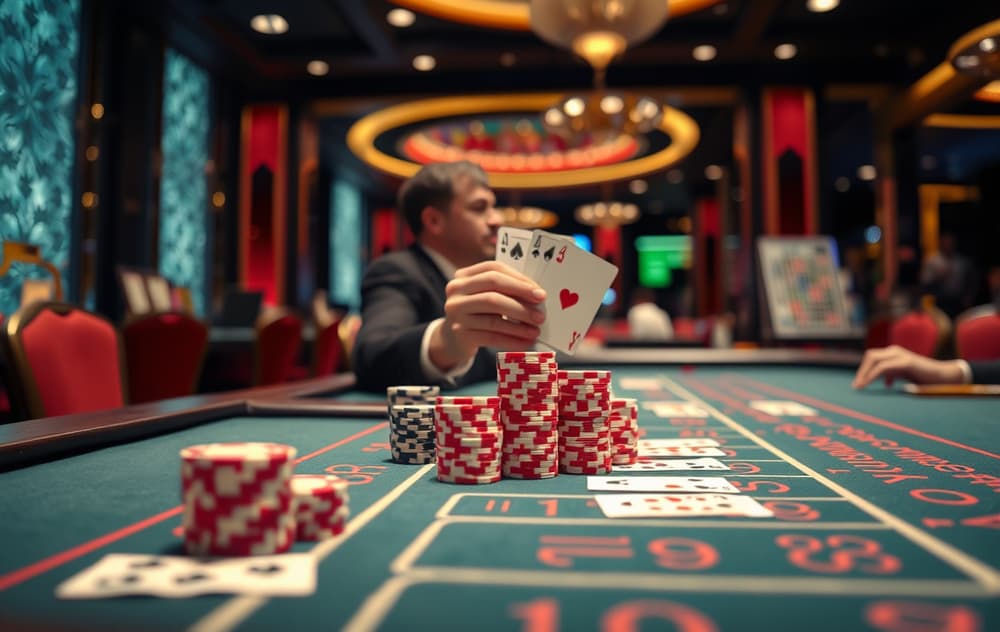 Baccarat-bord med kort og sjetonger i et casino