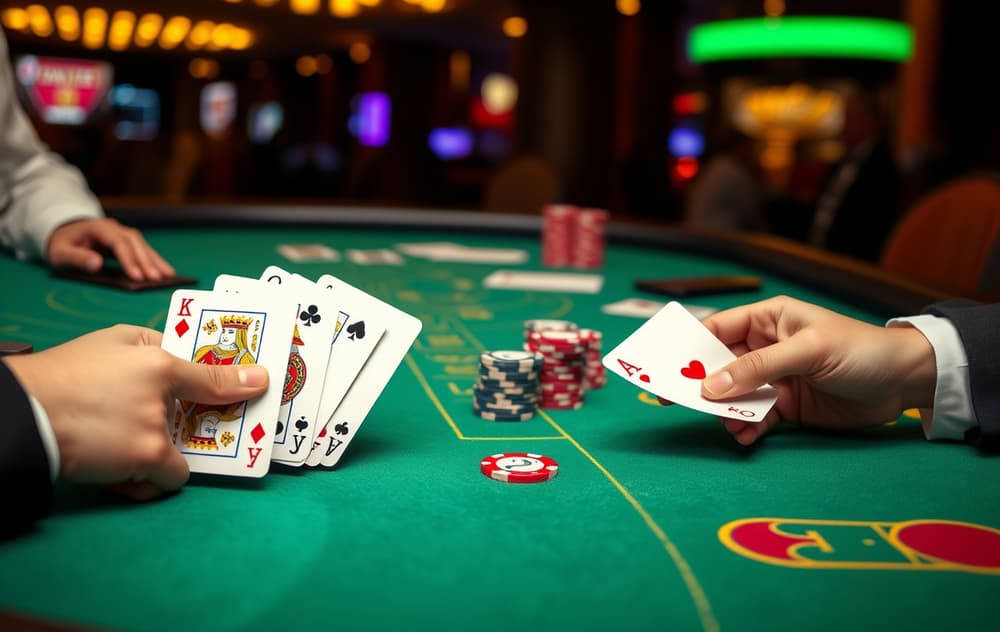 Blackjack-bord med kort, dealer og spillerhånd, kasinostemning