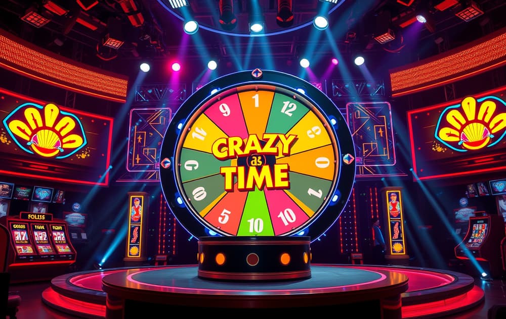 Live studio med Crazy Time-hjulet, vert og neonlys – gameshow-stemning for norske spillere.