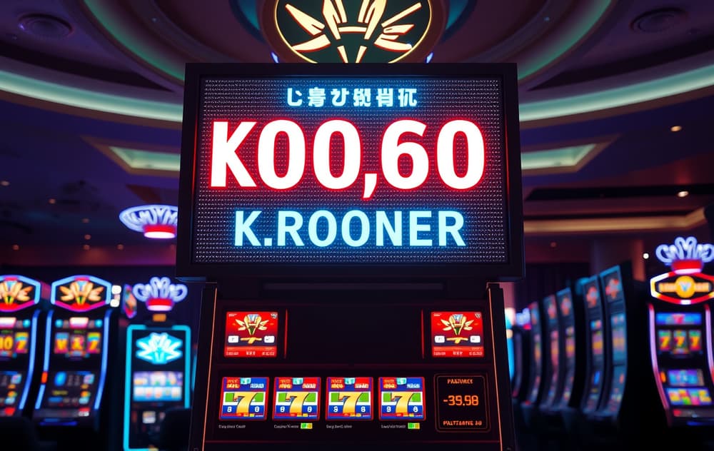 Progressiv jackpot-tavle med enorm premie i kroner, neonlys og spilleautomater i bakgrunnen.