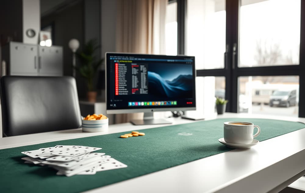 Pokerbord med kort og chips på skjerm, kaffekopp på skrivebordet