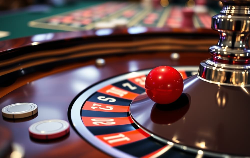 Nærbilde av et europeisk rulett-hjul med ball i rød lomme, sjetonger på bordet, casino-belysning.